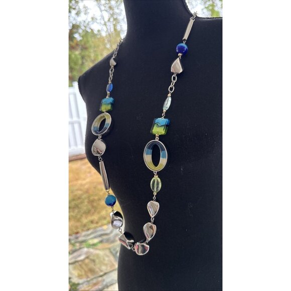 Chicos Blue Green Faux Glass SIlver Tone 18" Long Statement Necklace NEW - Picture 4 of 16